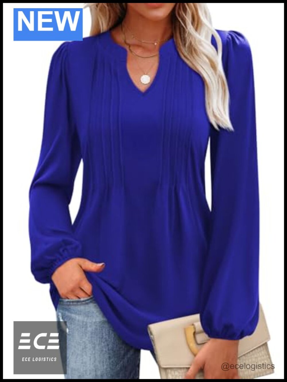 Womens V Neck Puff Long Sleeve Tunic Blouse Pleated Casual Loose Top
